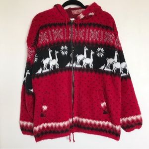 Tejidos Espinosa Red Unisex Zip Up Hooded Sweater Jacket Size Large Llama Warm